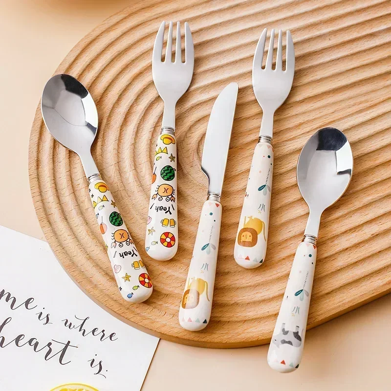 New Design Baby Feeding Solid Food Spoon Fork Set BPA Free Ceramic Handle Cartoon Crab Stainless Utensil Children's Tableware