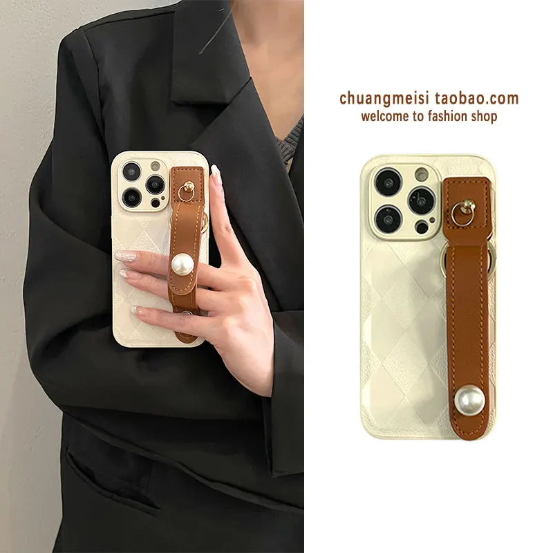 

Brown pearl button wristlet for apple 14promax case iphone13/14pro luxury 11 women 12 xsma/8plus drop protection case x/xr