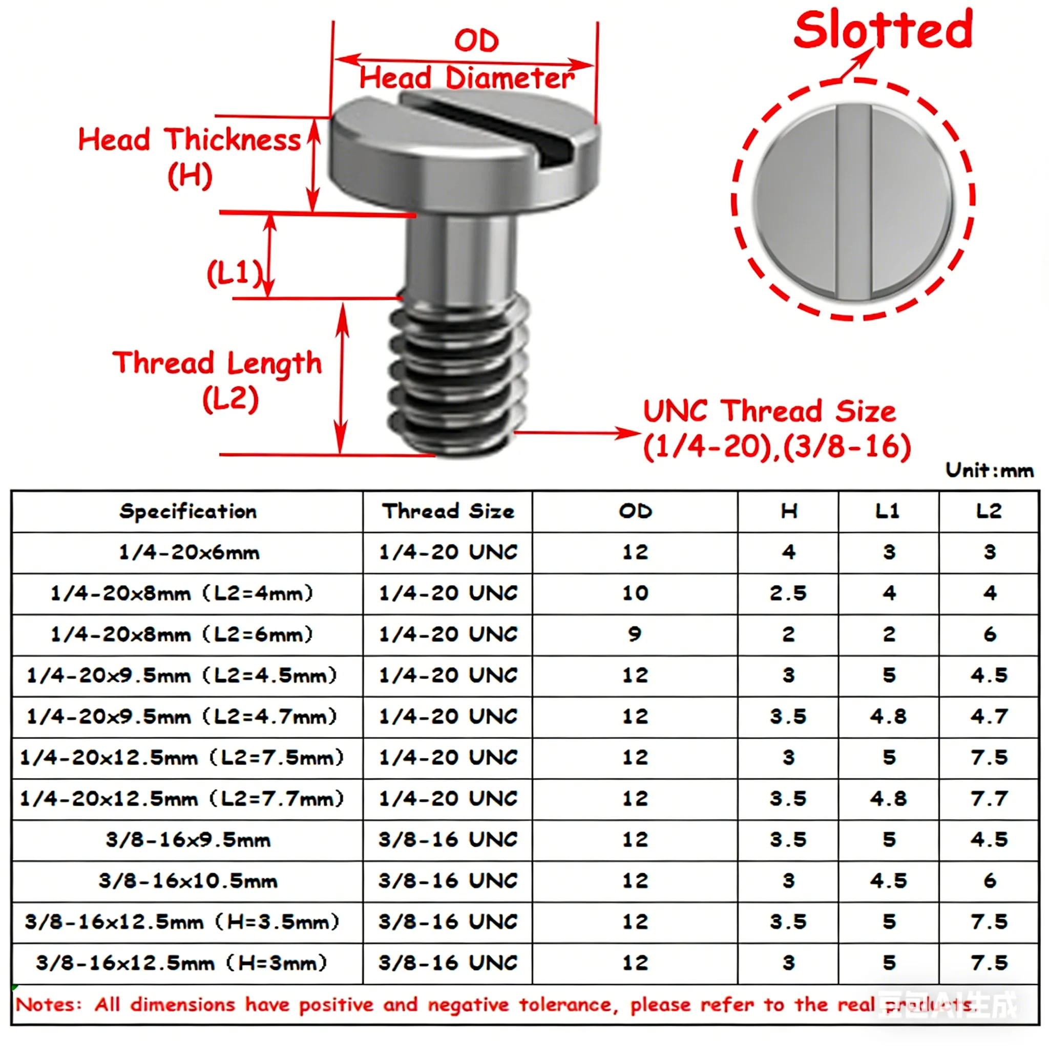 1/4-20 3/8-16 UNC Thread Camera Screws for Quick Release Plates 10Pcs Slotted Round Head Bolt SUS303 Stainless Steel
