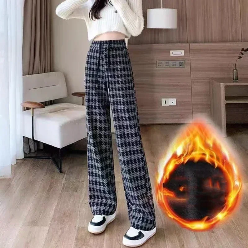 

Women Straight Warm Office Trousers Plaid Tweed Elastic High Waist Pants Thicken Thermal Velvet Wide Leg Pants 2024 Fall Winter