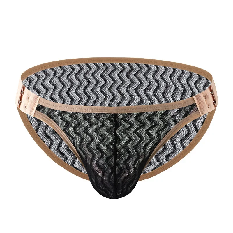 رجل ملخصات حزام رياضي قابل للتعديل الدانتيل شفافة مفتوحة زر سراويل التجفيف السريع U محدب الملابس الداخلية منخفضة الخصر السروال