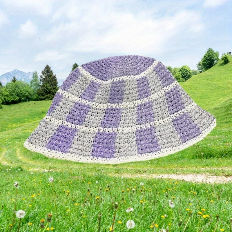 

Plaid Bucket Hat Color Blocking Design Hand Knitted Versatile Beanie for Women Outdoor Cycling Travel Fashion Headwear