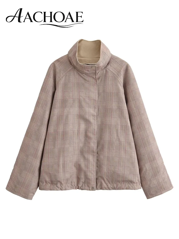 AACHOAE Women Reversible Jacket Plaid Solid Double Sided Stand Collar Long Sleeve Loose Short Coat Vintage Casual Outerwear