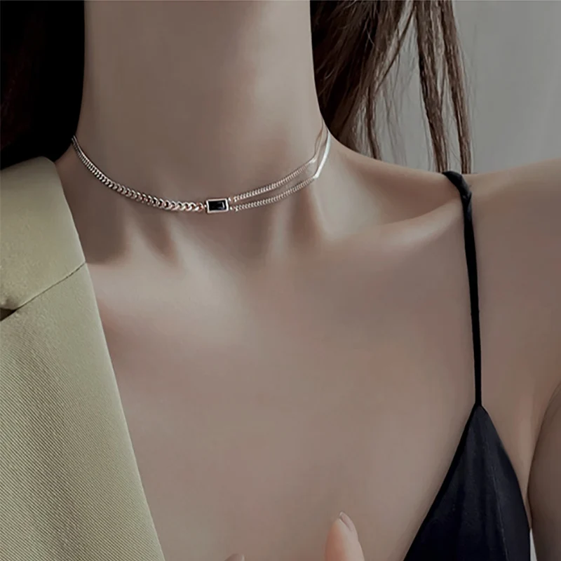 Foxanry Black Zircon Asymmetry Chain Chokers Necklaces For Women Girls Creative Elegant Fashion Simple Anniversary Jewelry Gifts