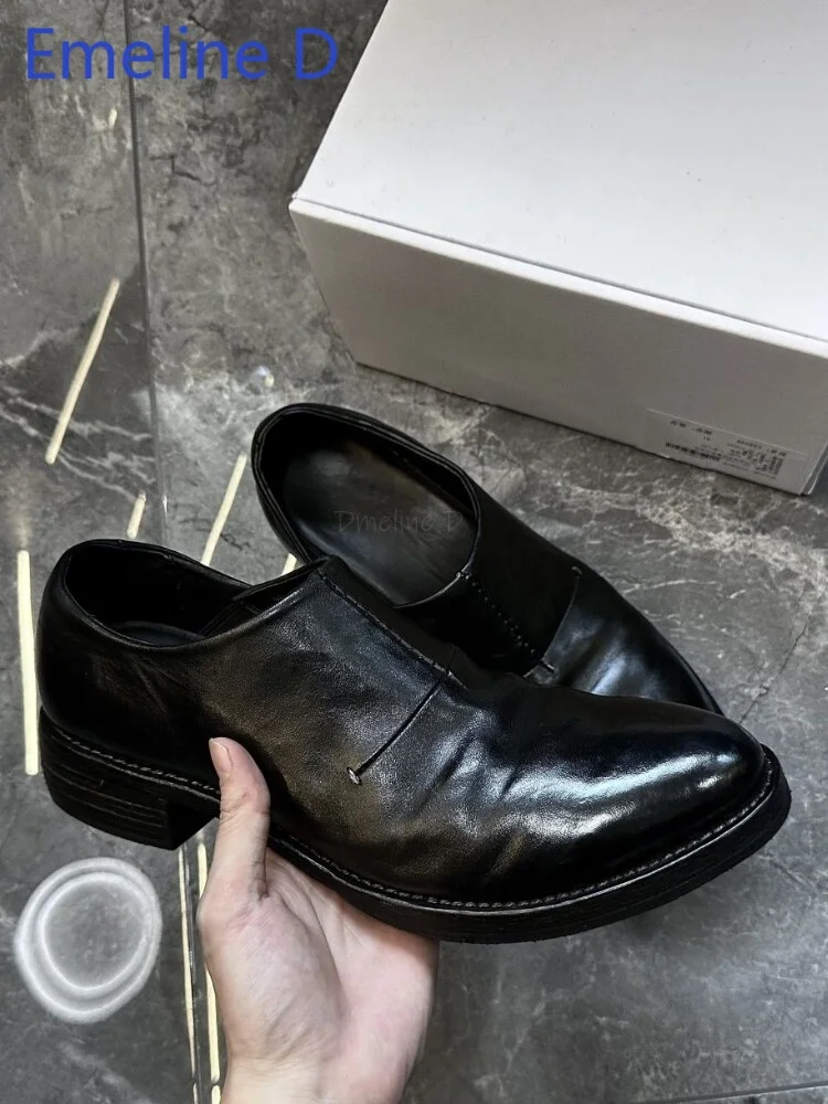 Men's Black Genuine Leather Slip On Loafers Distressed Finish Square Toe Low Block Heel Casual Streetwear Office Footwear