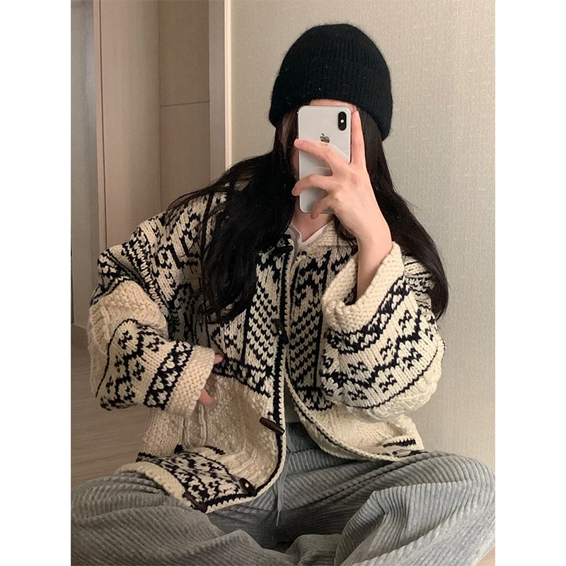

MEXZT Vintage Print Knitted Cardigan Women Harajuku Oversized Sweater Outerwears Korean Knitwears Long Sleeve Winter Jumpers