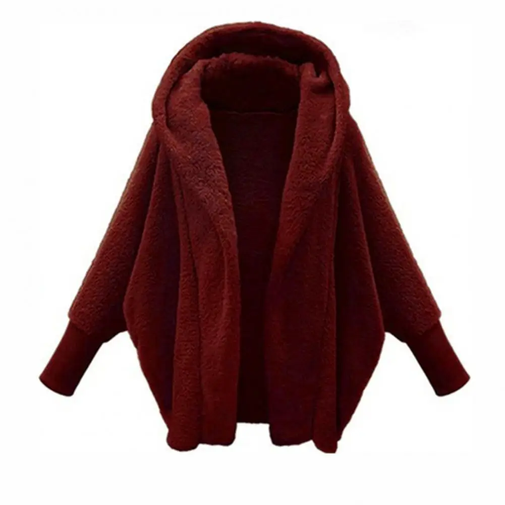 Abrigo de felpa con capucha de manga larga para mujer, chaqueta de lana de Color sólido con frente abierto, ropa de abrigo cálida gruesa, Otoño e Invierno