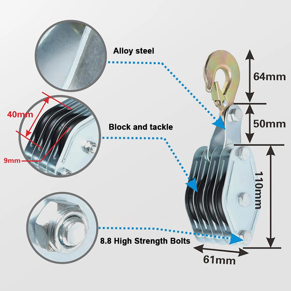 270 °   Bloque de polea de cuerda giratoria, gancho de aleación de Zinc, grúa de mano, polea de cuerda de polietileno de alta resistencia, dispositivo de elevación Manual