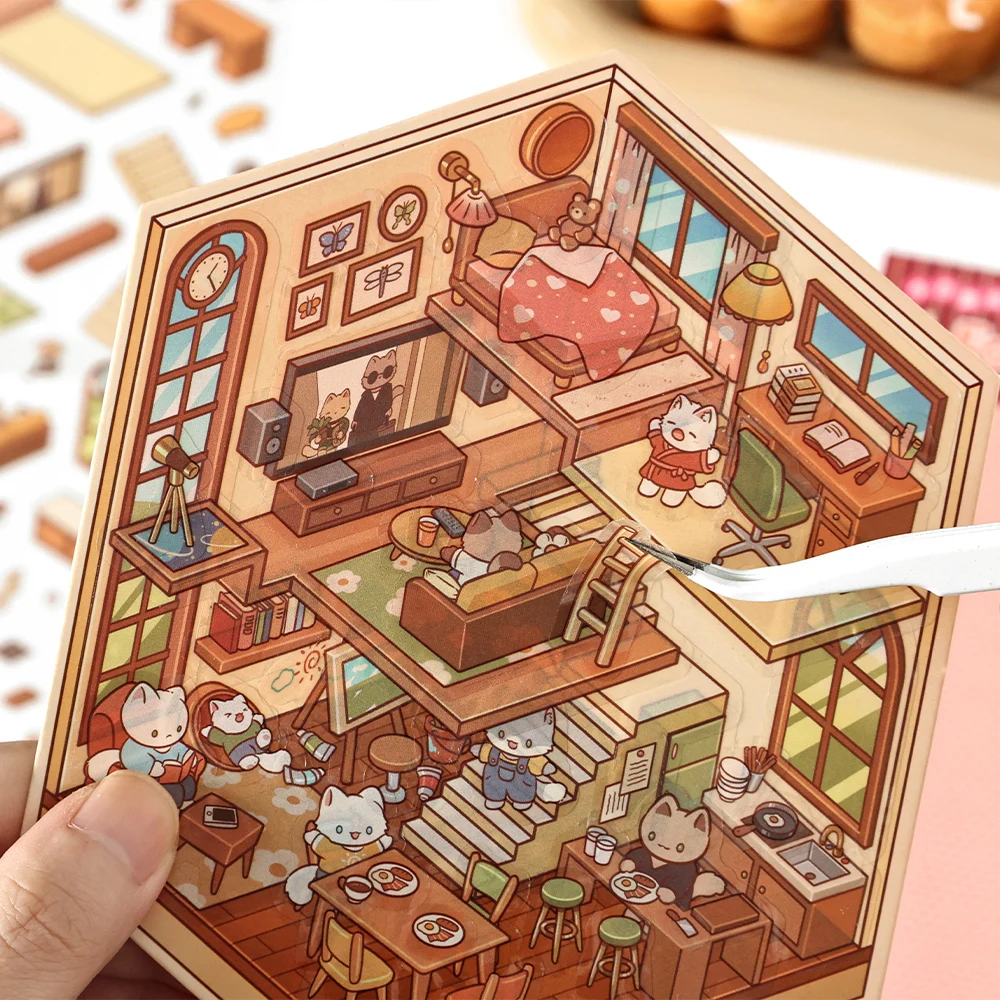 Kawaii  corner park 3D Coffee Bakery Landscape Sticker  DIY Pocket Cabin Scene festival gift ﻿