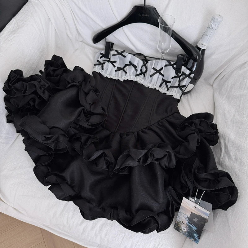 Sem alças fishbone bub mini vestido feminino elegante em camadas ruched festa vestidos curtos feminino cinched data vestido de princesa preto rosa