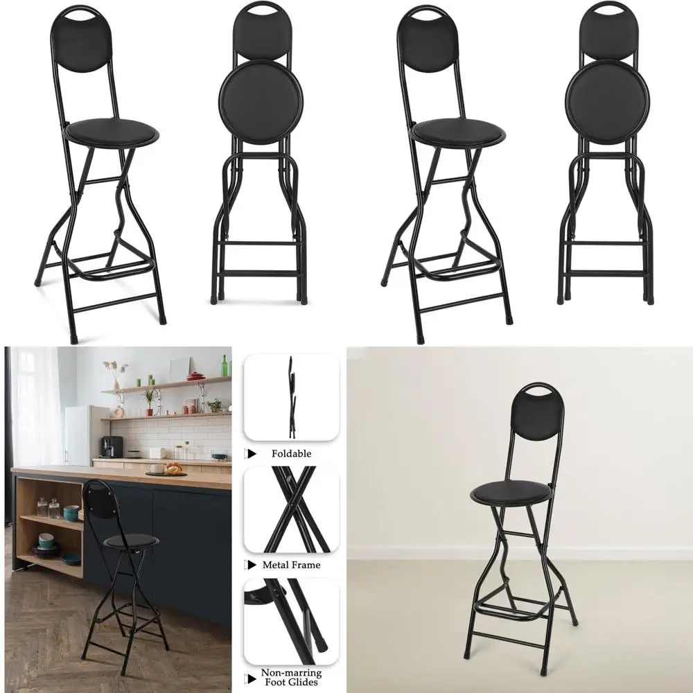 Sgabello da bar pieghevole imbottito in pelle nera con schienale, altezza 26 posti, portatile per uso interno/esterno