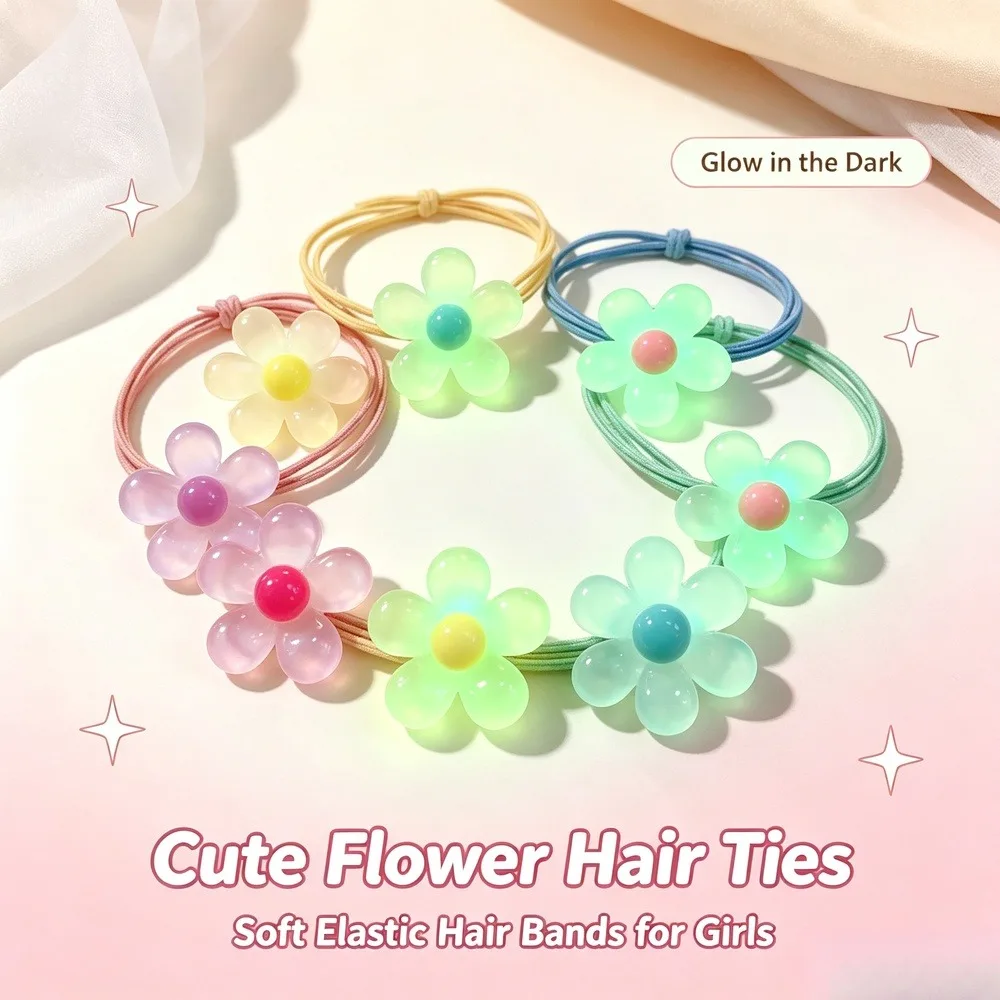 Glow‑in‑The‑Dark Flower Hair Ties, Cute Jelly Floral Hair Elastics, Aesthetic Boho Hair Scrunchies, Soft Ponytail Holders, Ins Trendy Hair Accessories for Girls & Women, 2‑Pack