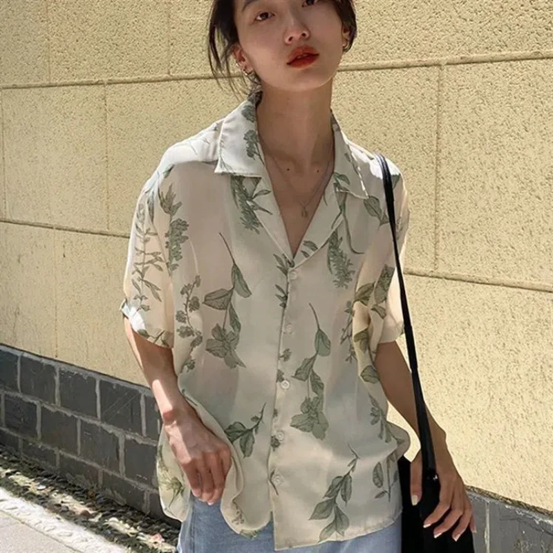 Vintage Short Sleeve Blouse Summer New Polo Neck Printing Loose All-match Youth Trend Shirt Tops Casual Fashion Women Clothing