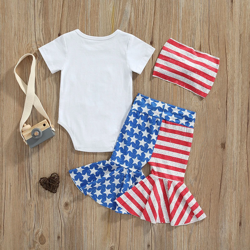 4th of July Baby Romper Set Girls Patriotic Short Sleeve Jumpsuit with Star Stripe Flared Pants and Headband for Independence