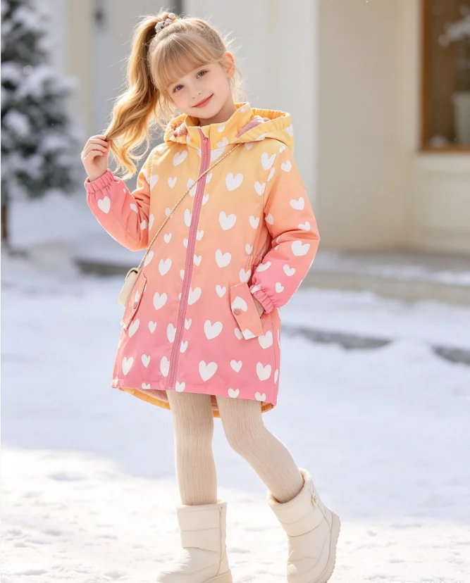 Winter new item, girls' hooded cotton jacket, warm and windproof, fashionable tie dye style, suitable for girls aged 5-13