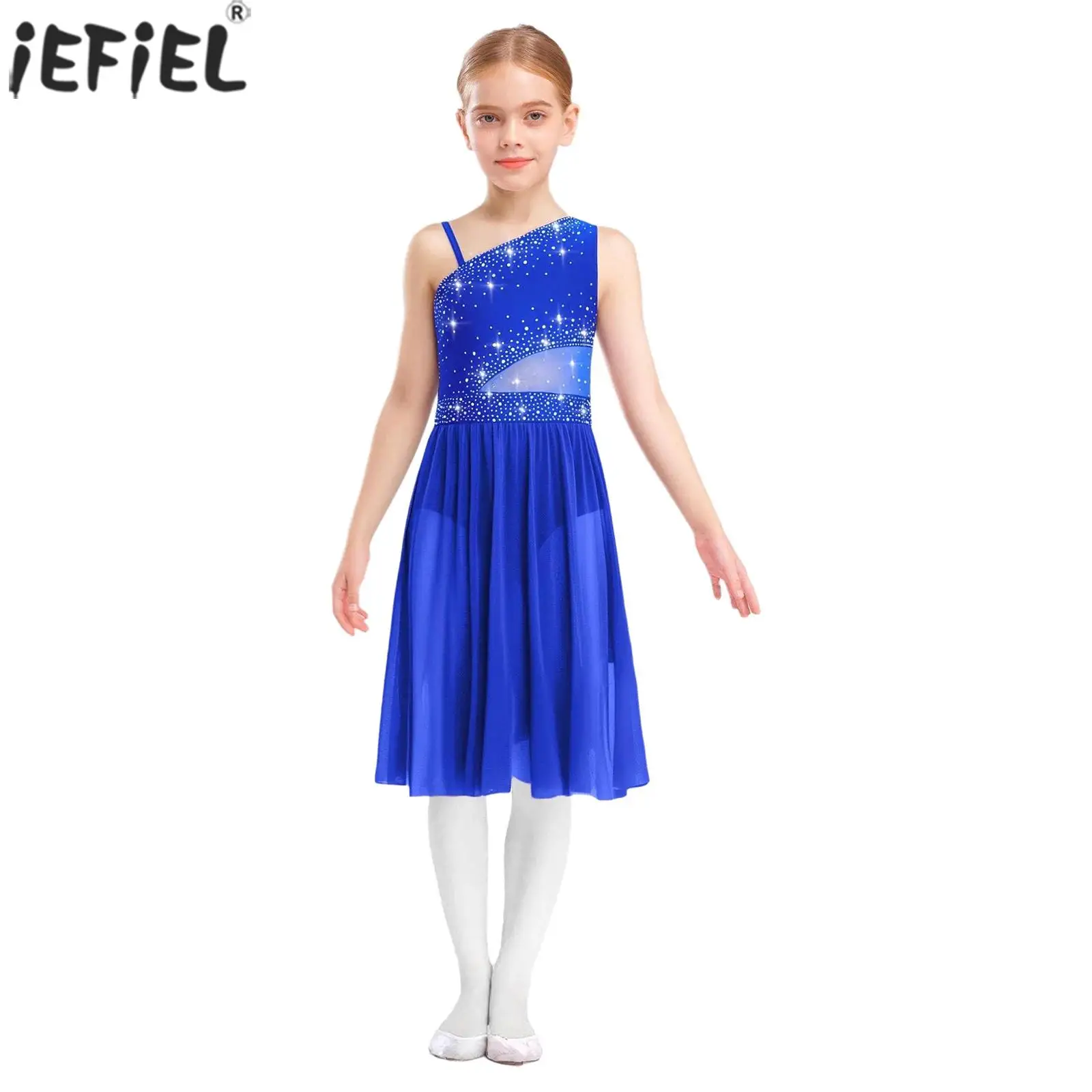 Kids Girls Shiny Rhinestones Modern Lyrical Dance Figure Skating Costume One Shoulder Sheer Mesh Ballet Gymnastics Leotard Dress