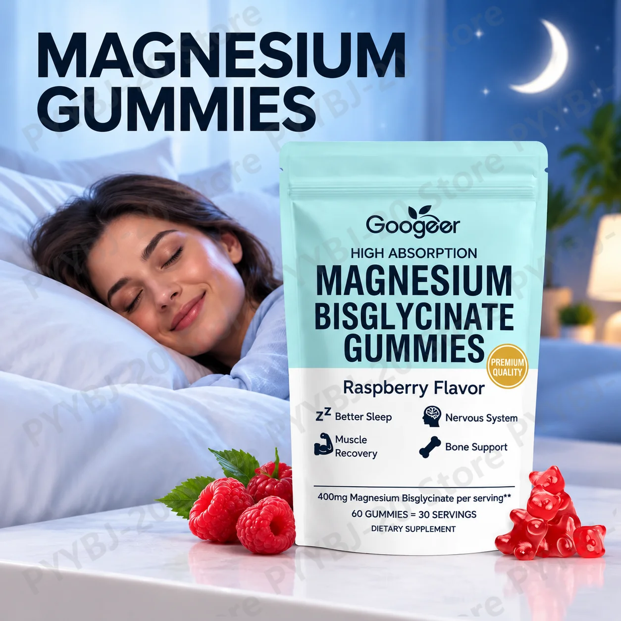 Googeer Magnesium Bisglycinate Gummies for Sleep Quality Muscle Recovery & Bone Support with Vitamin D3 and Zinc - 60 Gummies