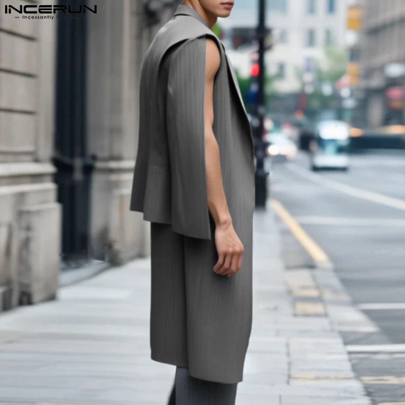 

INCERUN Men Striped Blazer Lapel Long Sleeve One Button Irregular Suit Men Streetwear 2025 Fashion Casual Male Long Style Blazer