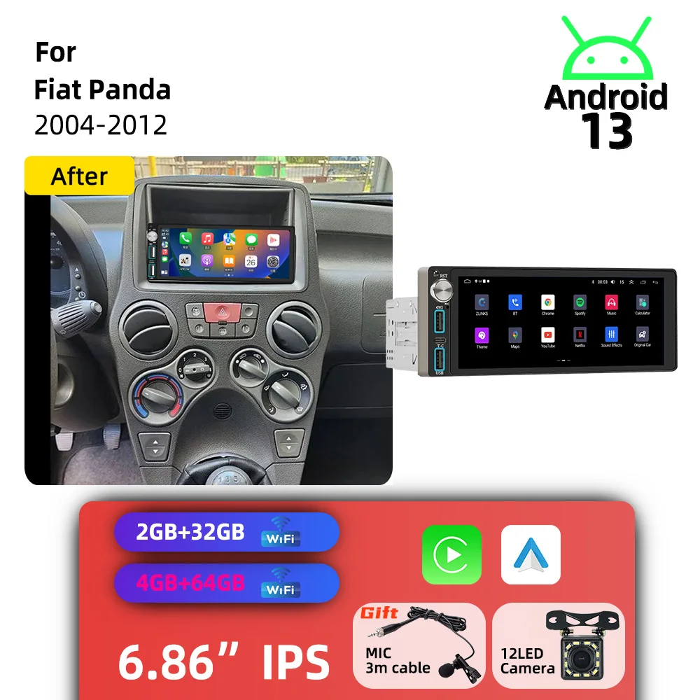6.86 inch Screen for Fiat Panda 2004-2012 Android 1Din Car Stereo Carplay GPS Car Multimedia Autoradio Radio Head Unit