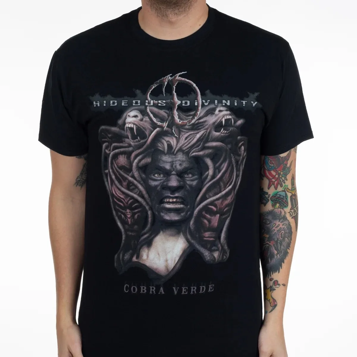 Cobra Verde Medusa Multi Head Beast Hideous Divinity Print T Shirt, Technical Death Metal Band Fan Collectible Unisex Graphic Te