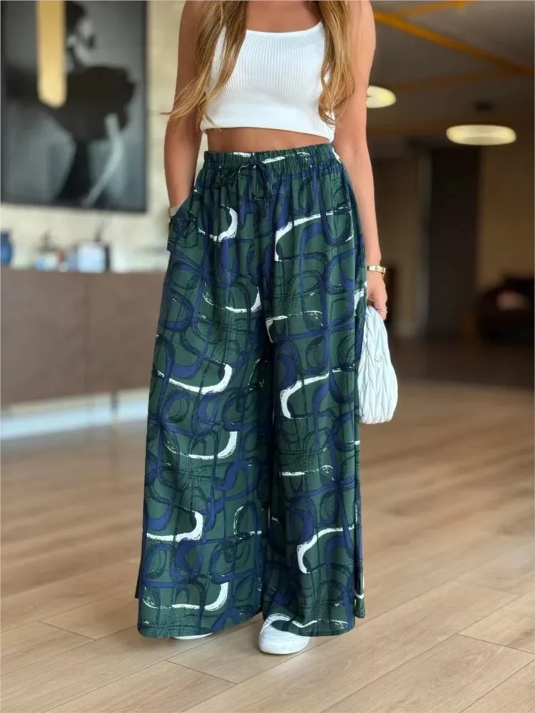 New Summer Casual Women's Trousers Fashion Loose Print Elegant Holiday Casual Pant Office Sports Beach Wide-leg Pants 2025