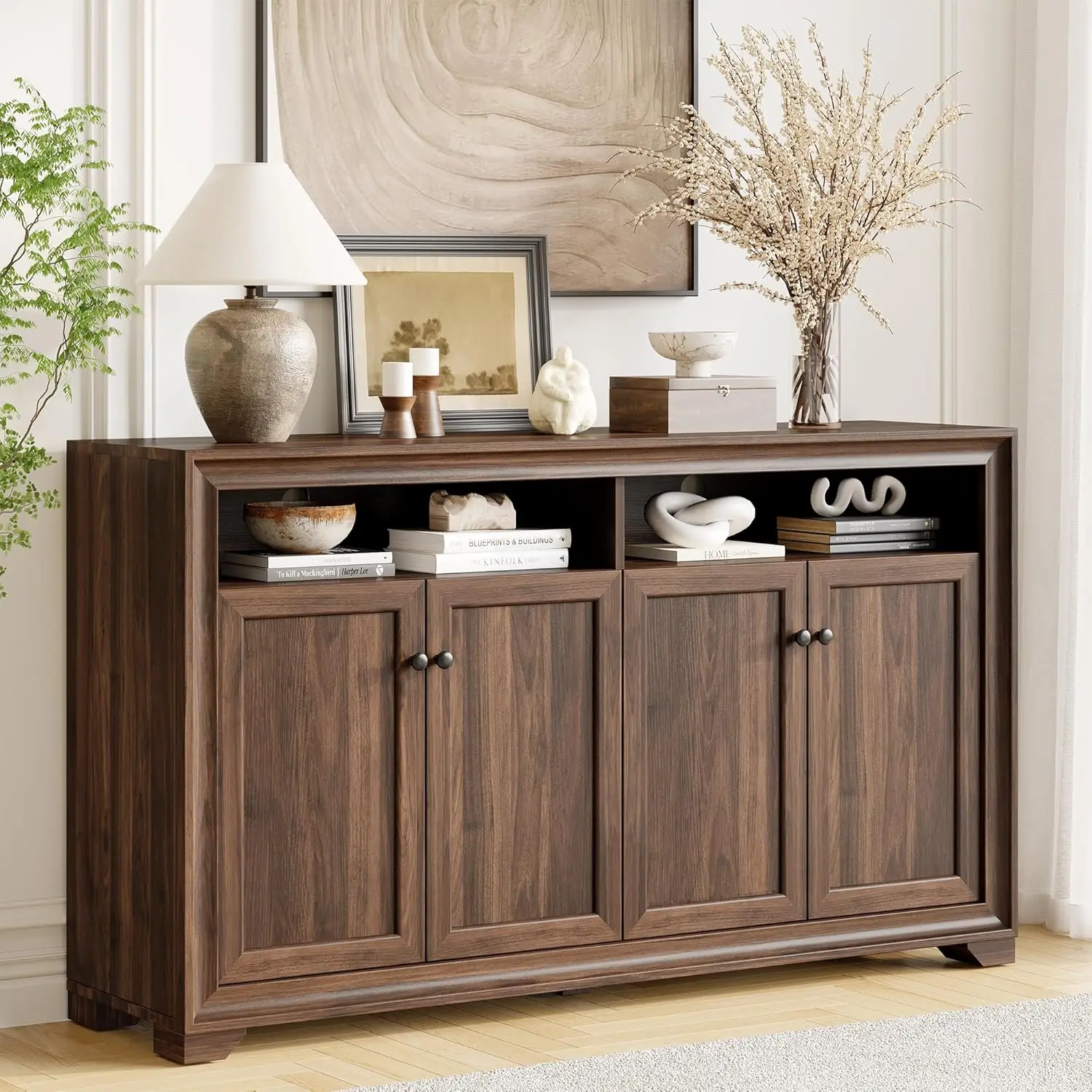 

60 Inches Sideboard Buffet Cabinet with Storage, 4 Doors Large Sideboard, Kitchen Cabinet with Open