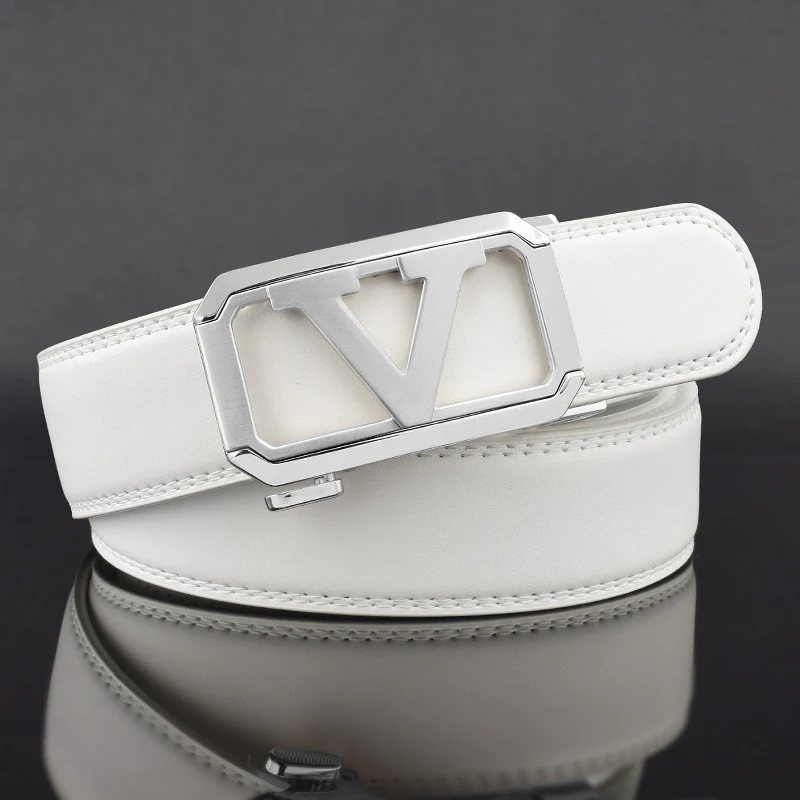 Fashion White Belt Male Letter V Automatic Buckle Designer Men's Leather Luxury Casual Belt High Quality