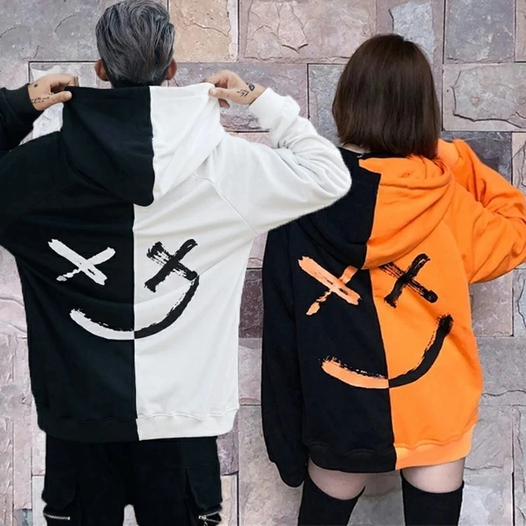 

Fashion Men Woman Hip Hop Pullovers Couple Streetwear Mens Hoodie Sweatshirts New Happy smile Print Patchwork Hooded Sweatshirts