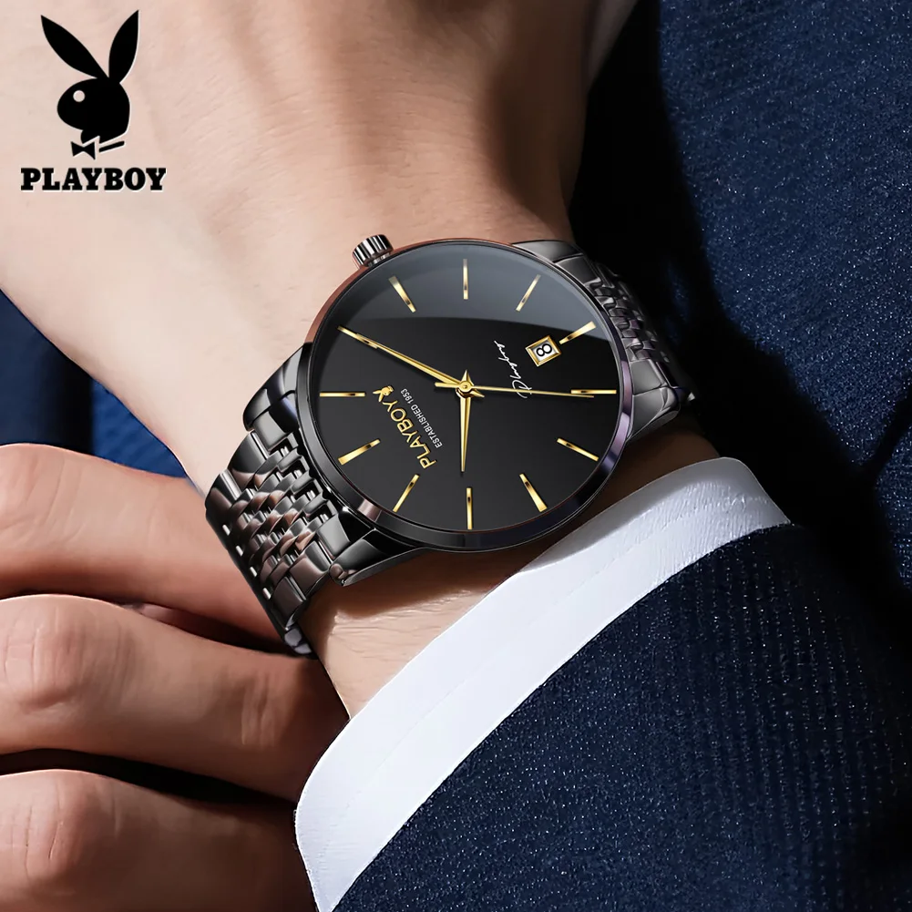 PLAYBOY 2604 Mechanical Movement Business Watch Simple Dial 30m Waterproof Calendar Window Classic Style Watch For Men