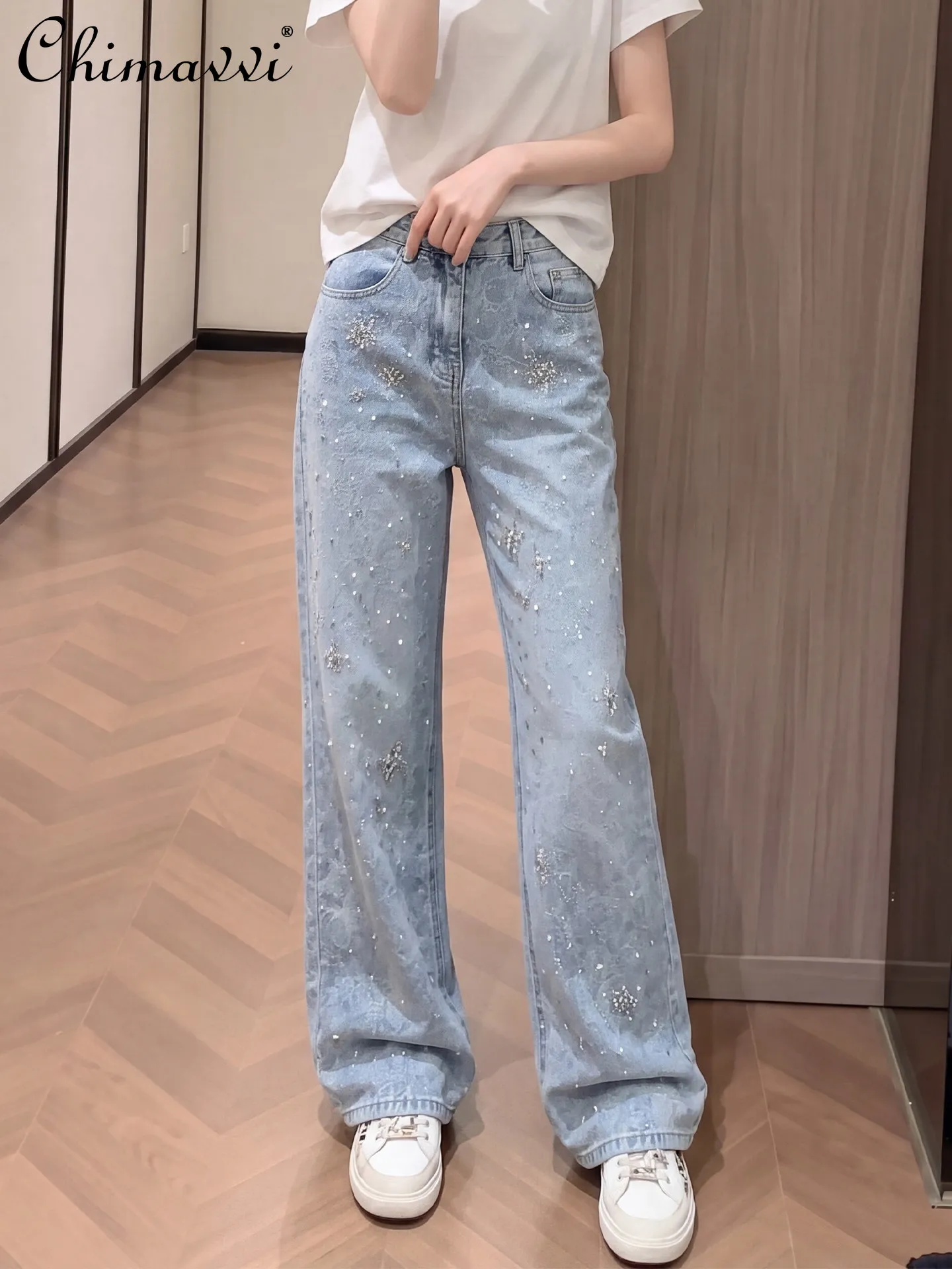 

Heavy Jacquard Hot Diamond Jeans Women's Long Pants 2026 Spring Summer New Fashion High Waist Loose Slimming Long Pants