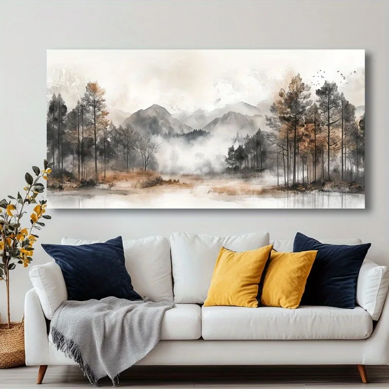 Wall Art Misty Forest Mountain View Abstract Painting Frameless Picture for Living Room Bedroom Office High Quality Print Canvas