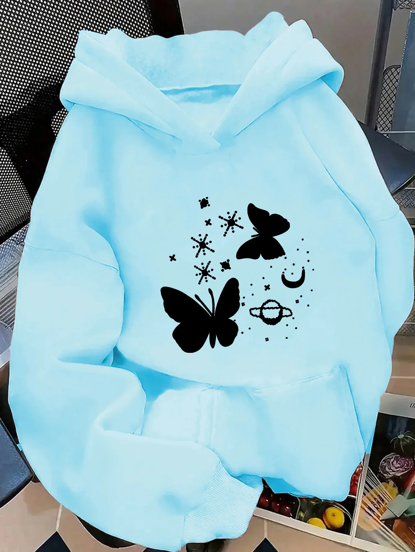 Minimal Cosmic Butterfly Graphic Hoodie Front Print Pullover Unisex Loose Fleece Lined Autumn Winter