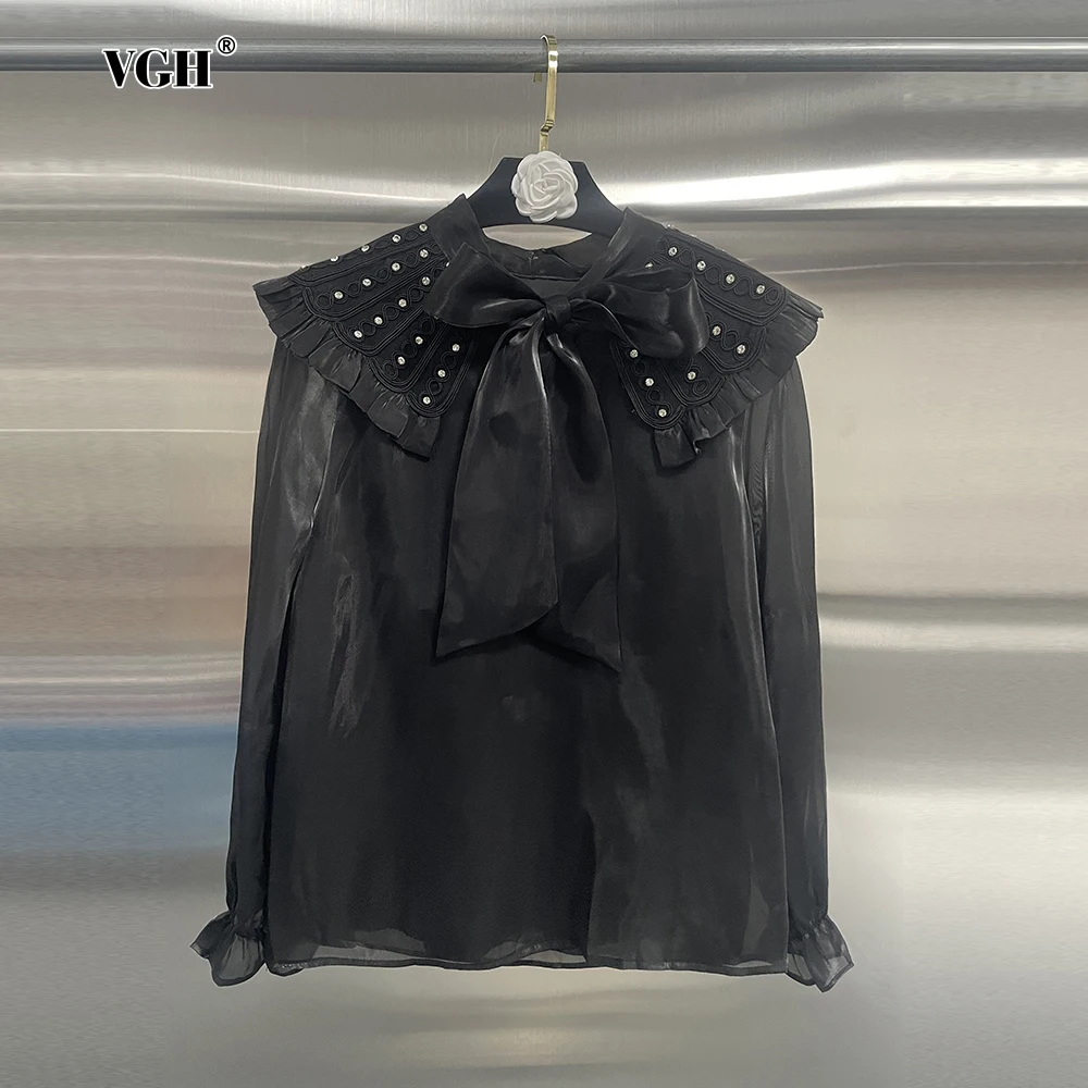 

VGH French Elegant Spliced Bowknot Loose Blouse For Women Round Neck Long Sleeve Loose Pearl Shirt Shirts Female Fashion Style