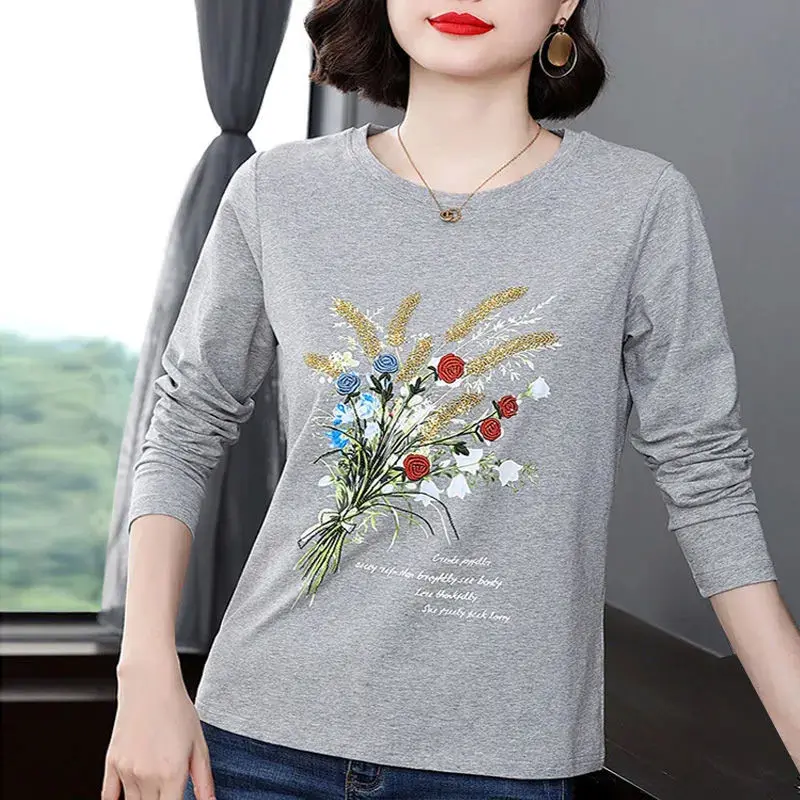 

Spring Autumn Long Sleeve Round Neck Undershirt Pullover Women's Plant&Flowers Printing Letter T-shirt Casual All-match Tops