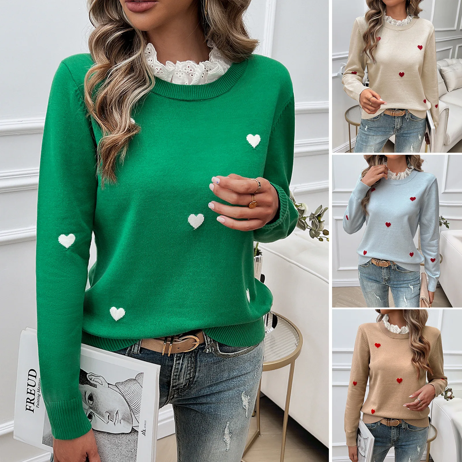 

Pullovers Women Sweaters Knitted Round Neck Full Sleeve Jumpers Y2k Streetwear Elegant Splice Knit Work Autumn Winter 2025