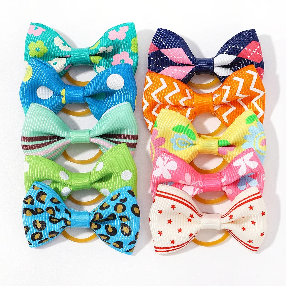 10pcs New Mini Print Bowknot Girls Baby Hair Accessories Princess Headwear Kids Elastic Hair Bands Headdress Newborn Hair Ropes