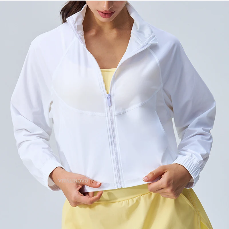 Women's Athletic Workout Running Track Full Zip Cropped Jackets UPF 50+ Sun Protection Long Sleeve Workout Shirts Yoga Gym Top