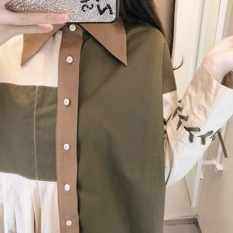 Shirts Women Patchwork Feminine Simple Vintage Spring Single Breasted Fashionable Students New BF Style Outerwear Chic Clothing