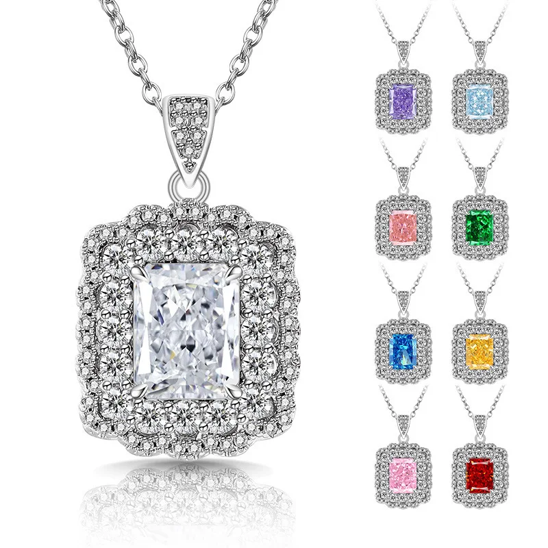 

925 Sterling Silver Stylish Elegant Ladies Pendant Necklace Ice Flower Cut Square High Carbon Diamond Jewelry
