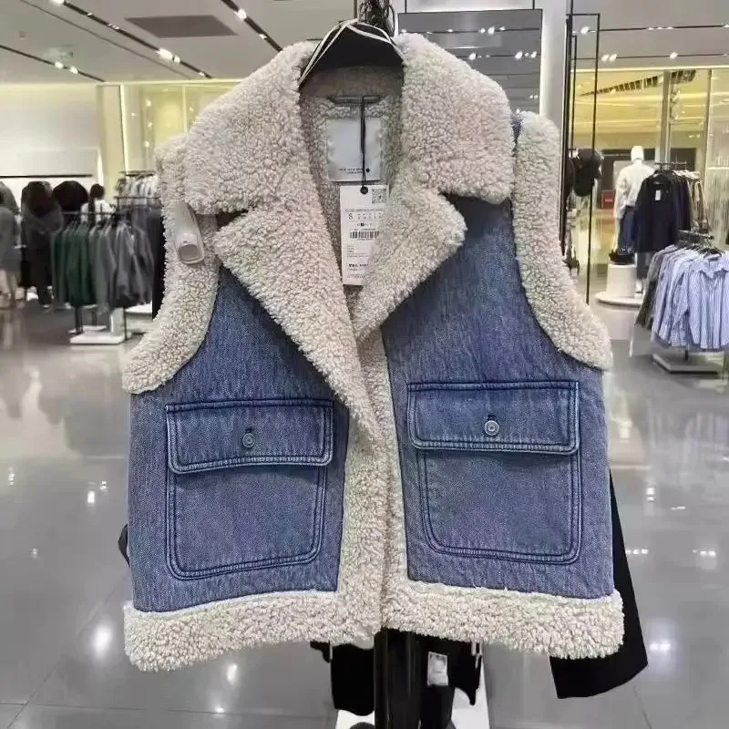 

Tank top lamb autumn/winter vest Korean version with plush loose short style lamb plush thick denim jacket versatile shoulder