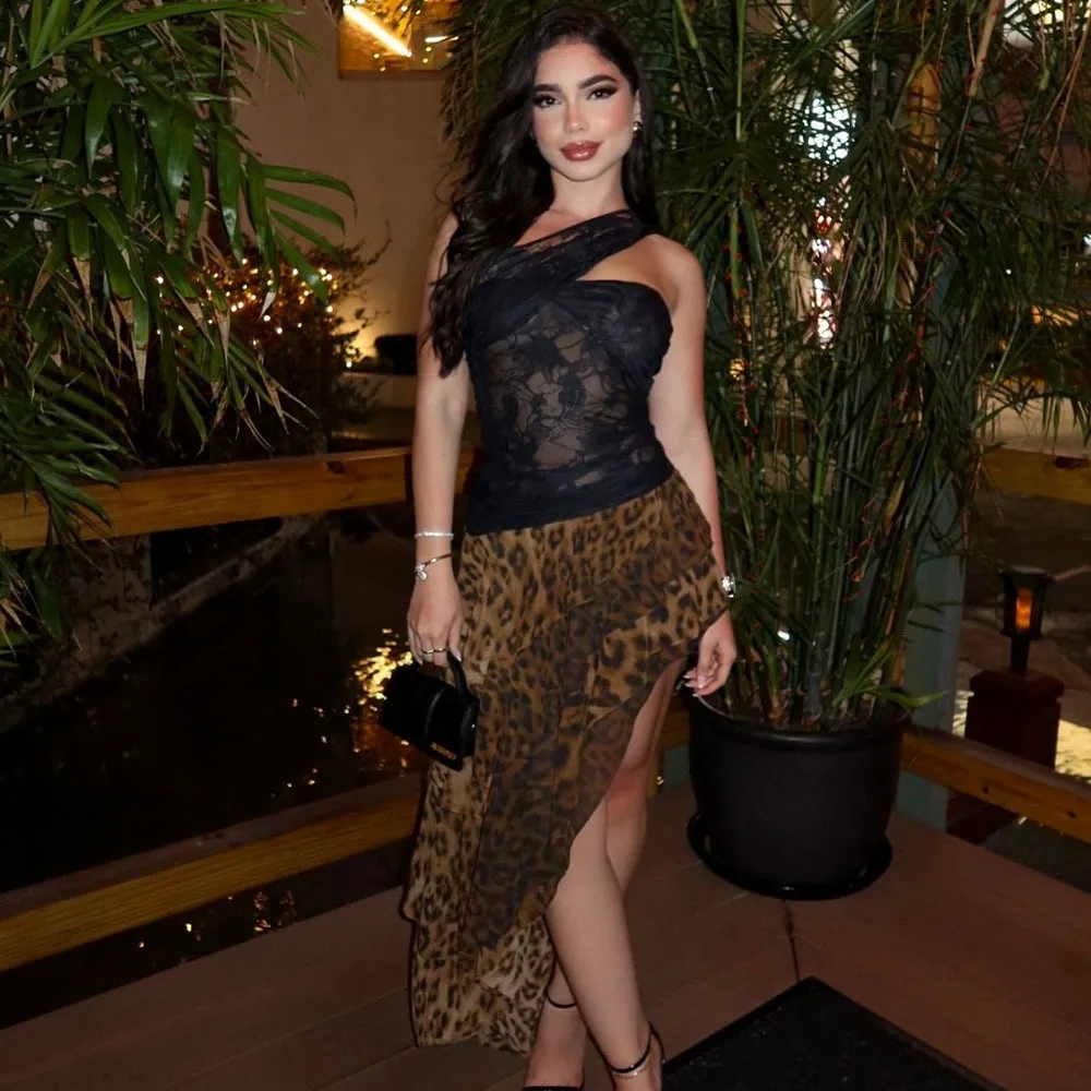 

Women's Hot Girl Slim Dresses Sexy See Through Lace Patchwork Leopard Print Irregular Long Dress Slant Collar Sleeveless Vestido