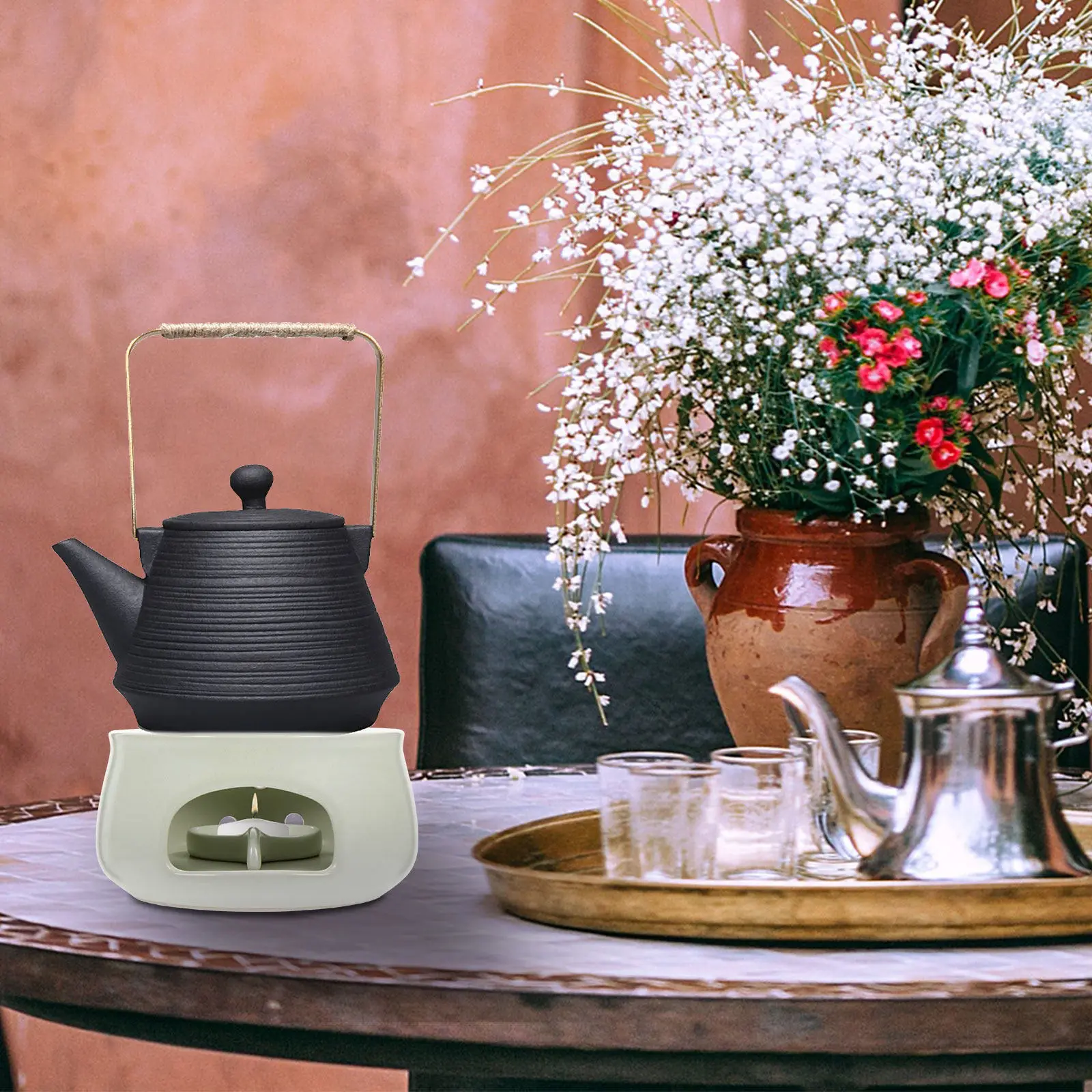 1Pcs Ceramic Tea Warmer Elegant Teapot Heating Support with Non-Slip Bottom Candleholder for Aroma Enhancement Household Use