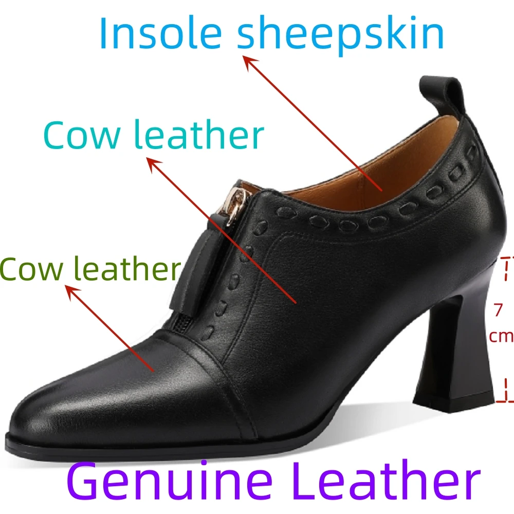 【JOCHEBED HU】New Handmade Brand Genuine Leather Shoes Women Pumps Thick High Heels Round head Ladies Office Dress Shoes 33-43