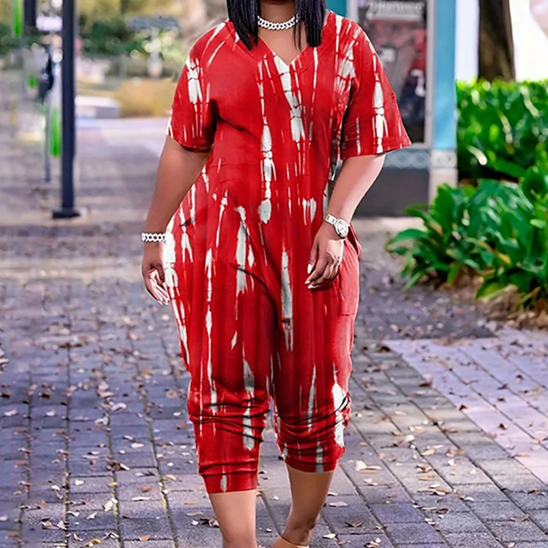 

Autumn New Jumpsuit 2023 Women Half Sleeve V-neck Tie Dye Pocket Fashion Casual Commute Loose Elegant Jumpsuit Female Clothing
