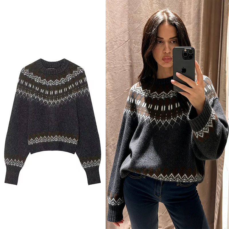 

Women's Knitted Pullover Women Fashion Long Sleeve Vintage Jacquard Short Sweater 2025 New Casual Loose Knitwear Tops ﻿ ﻿