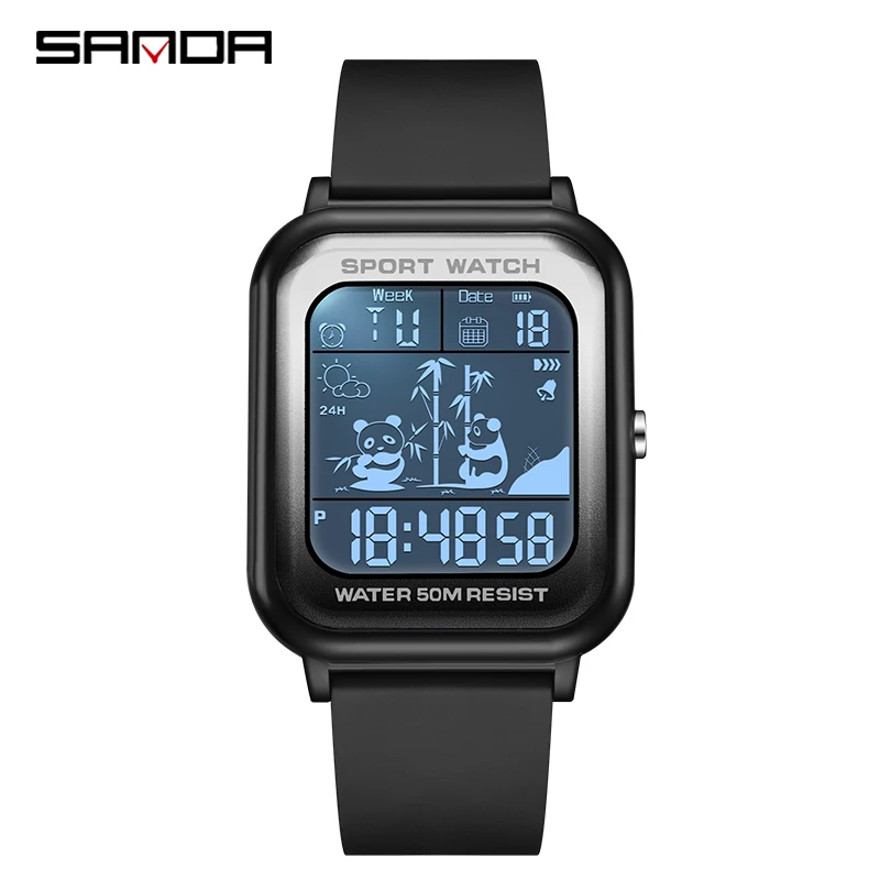 SANDA 2024 New Top Panda Pattern Square Gradient Electronic Watch Sports Casual Outdoor Waterproof Trend Unisex Wristwatch 6120