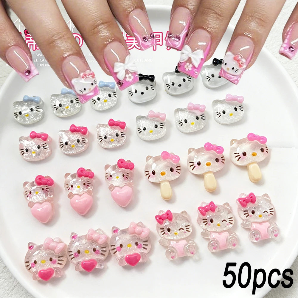 

50pcs 3D Hello Kitty Resin Nail Art Charms Summer Pink Bow Glittery Kitty Cat Head Nail Decorations DIY Y2K Manicure Nail Parts
