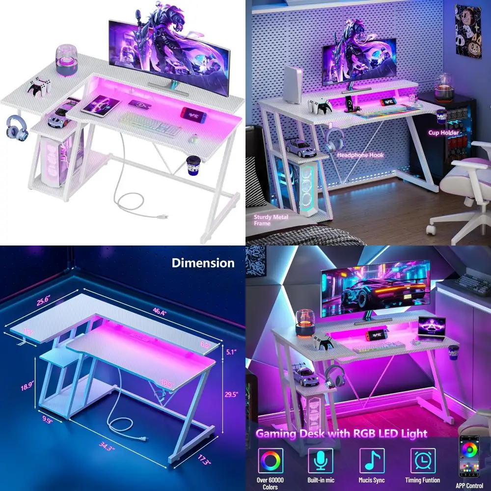 L-Shaped Gaming Desk with LED Lights and 3-Tier Storage, 47 Inch White Corner Computer Desk with Power Outlet