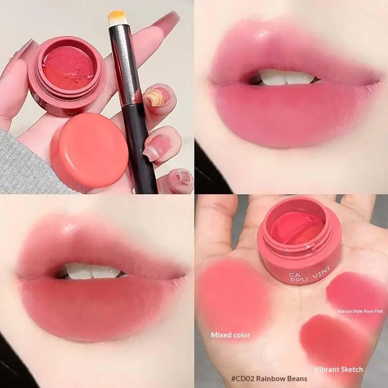 1 Pezzo Cappuvini Rossetto in Crema e Blush in Barattolo, Lunga Durata, Impermeabile, con Pennello per Labbra - Set Trucco Illuminante