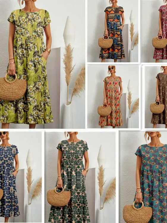 

2025 European And American New Fashion Women's Loose Cotton Linen Sleeveless Round Neck Printed Summer Dress